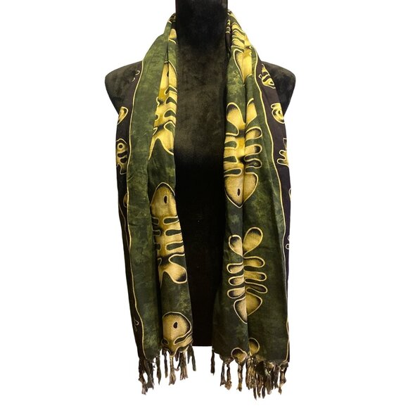 Rayon Scarf  Multi Wear  Fish Pattern Free Size Sarong Green Fall Color Fringe - Picture 1 of 14